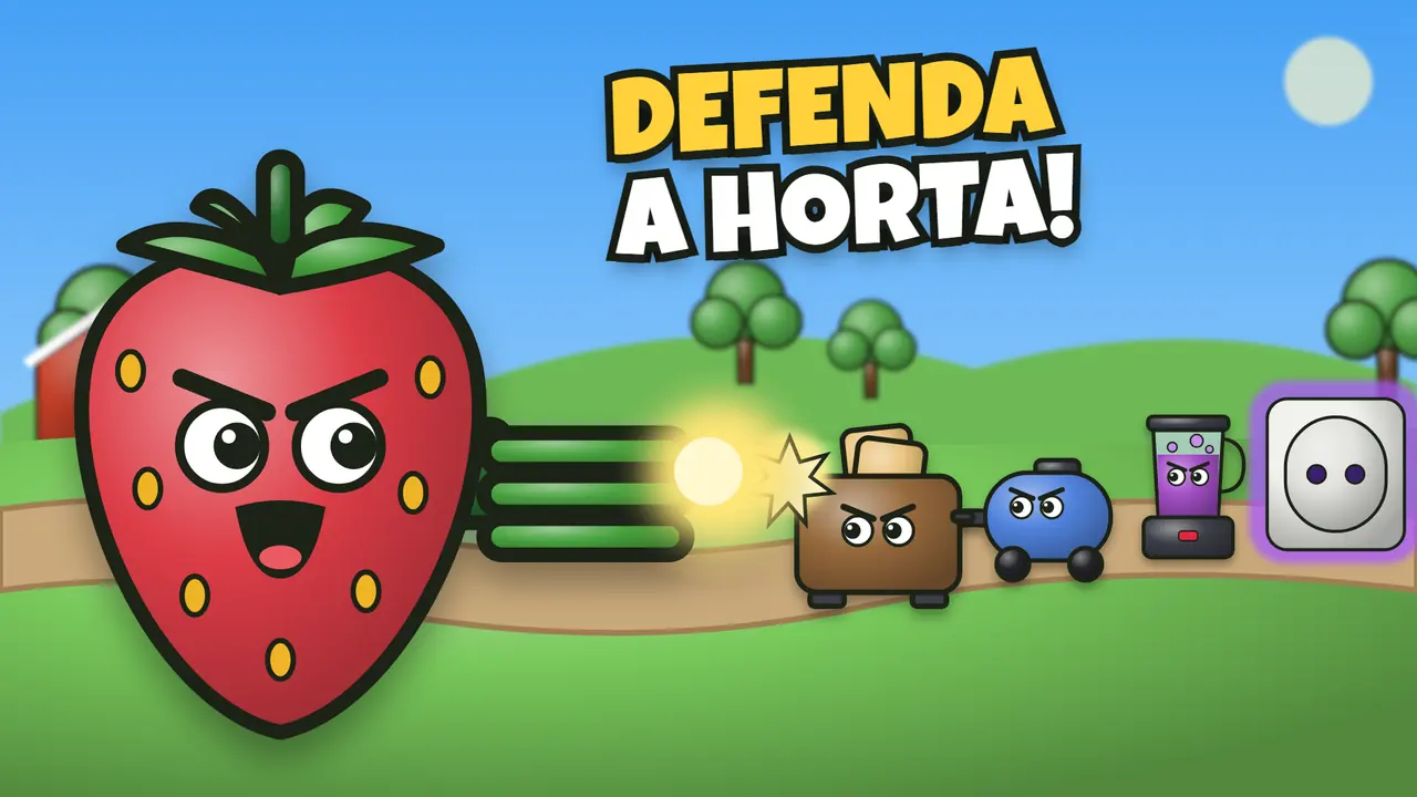 Antes: a nossa primeira capa, um desenho vetorial de um morango e três eletrodomésticos sob o título DEFENDA A HORTA!