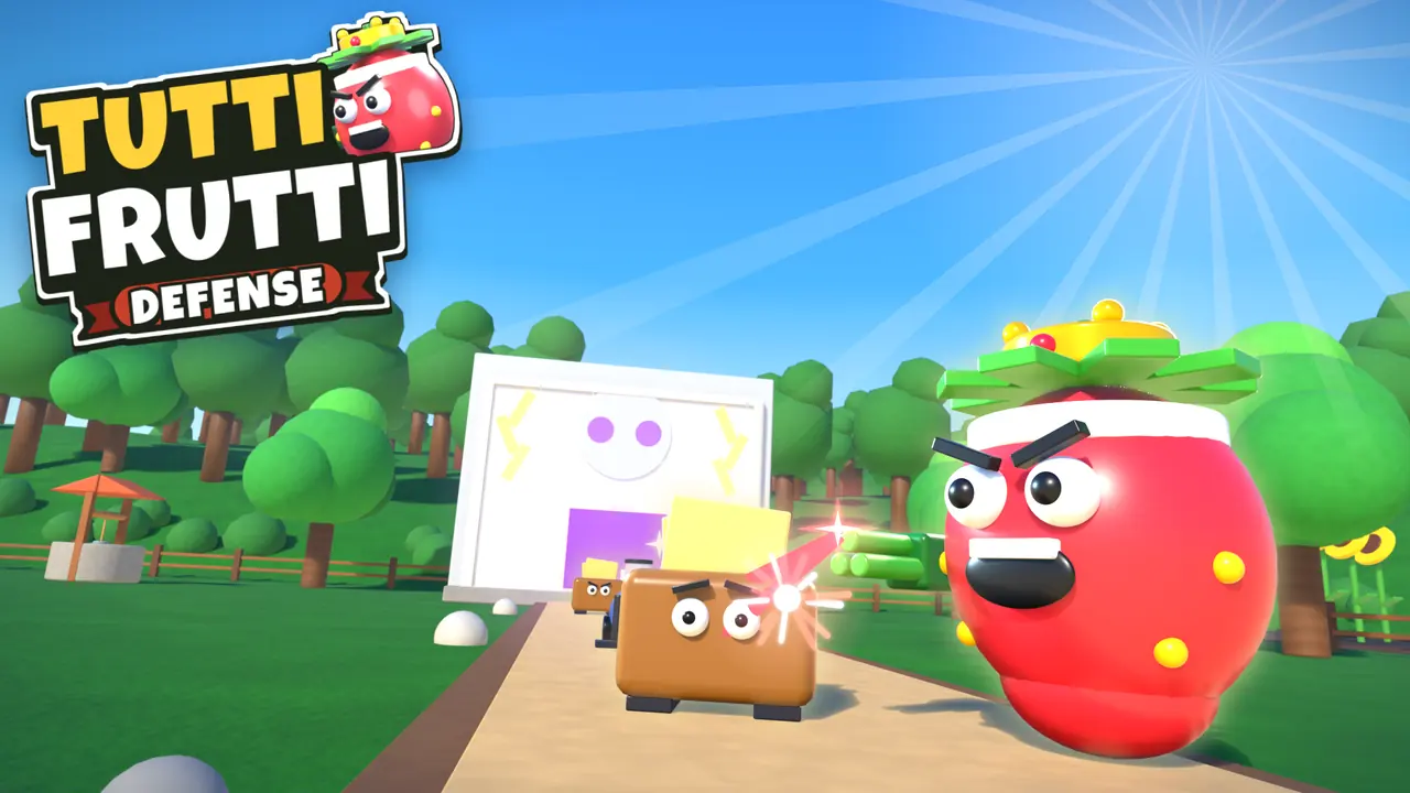 Tutti Frutti Defense thumbnail: Morangolino, an angry strawberry with a crown, blasting a toaster in the garden