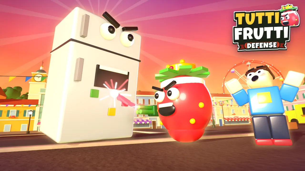 Thumbnail B: uma geladeira gigante, o chefe, sobre o Morangolino e um avatar assustado na feira