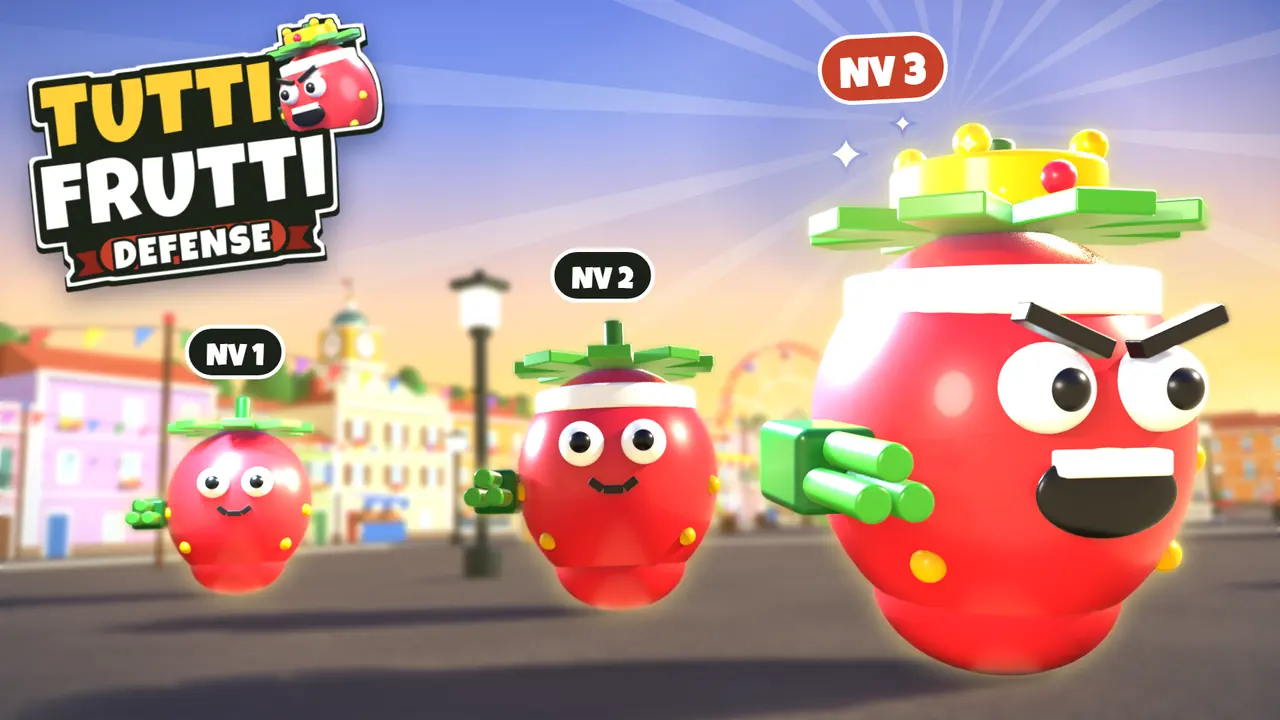 Thumb de evolução: o Morangolino nos níveis 1, 2 e 3, lado a lado na praça