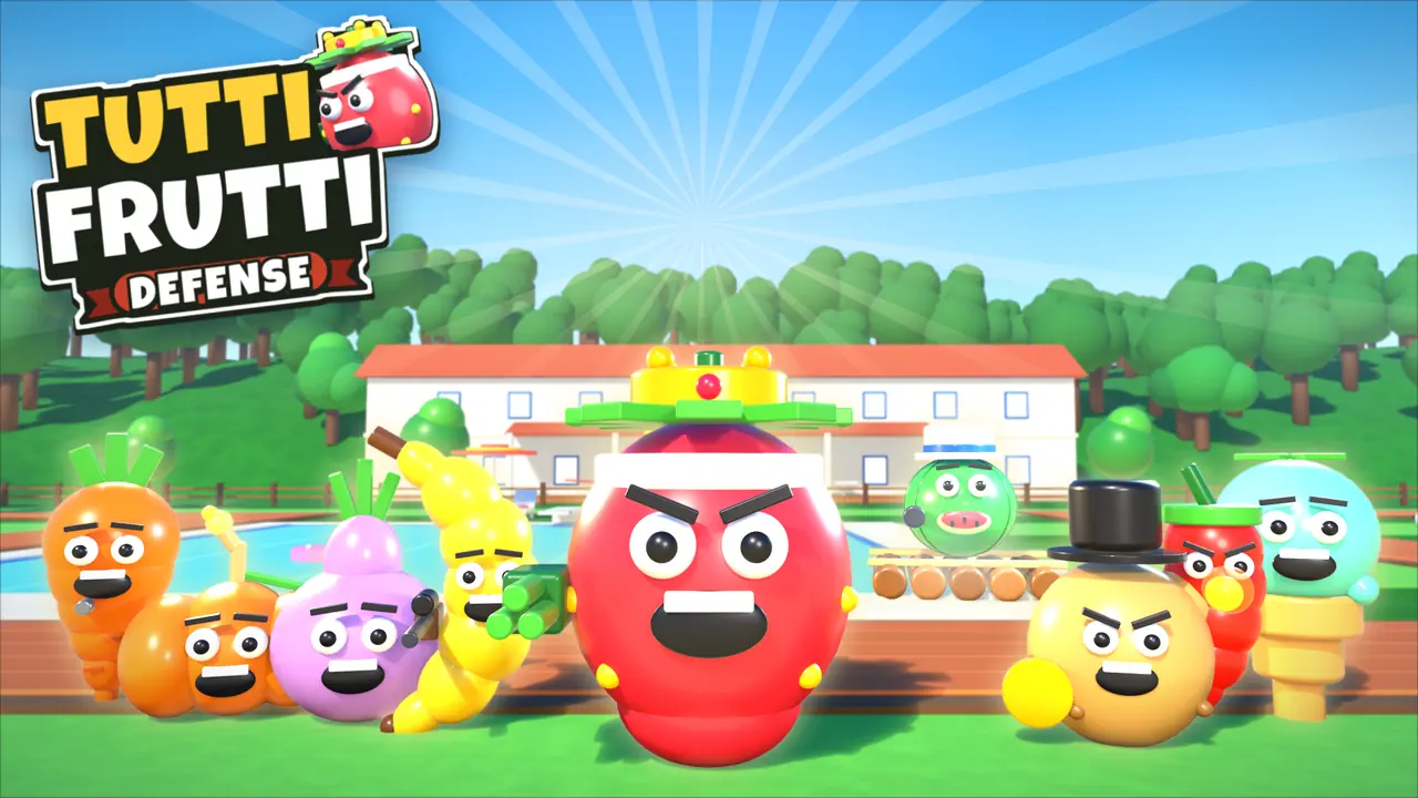 Thumb do time: o elenco todo de frutas e legumes na frente de uma casa com piscina